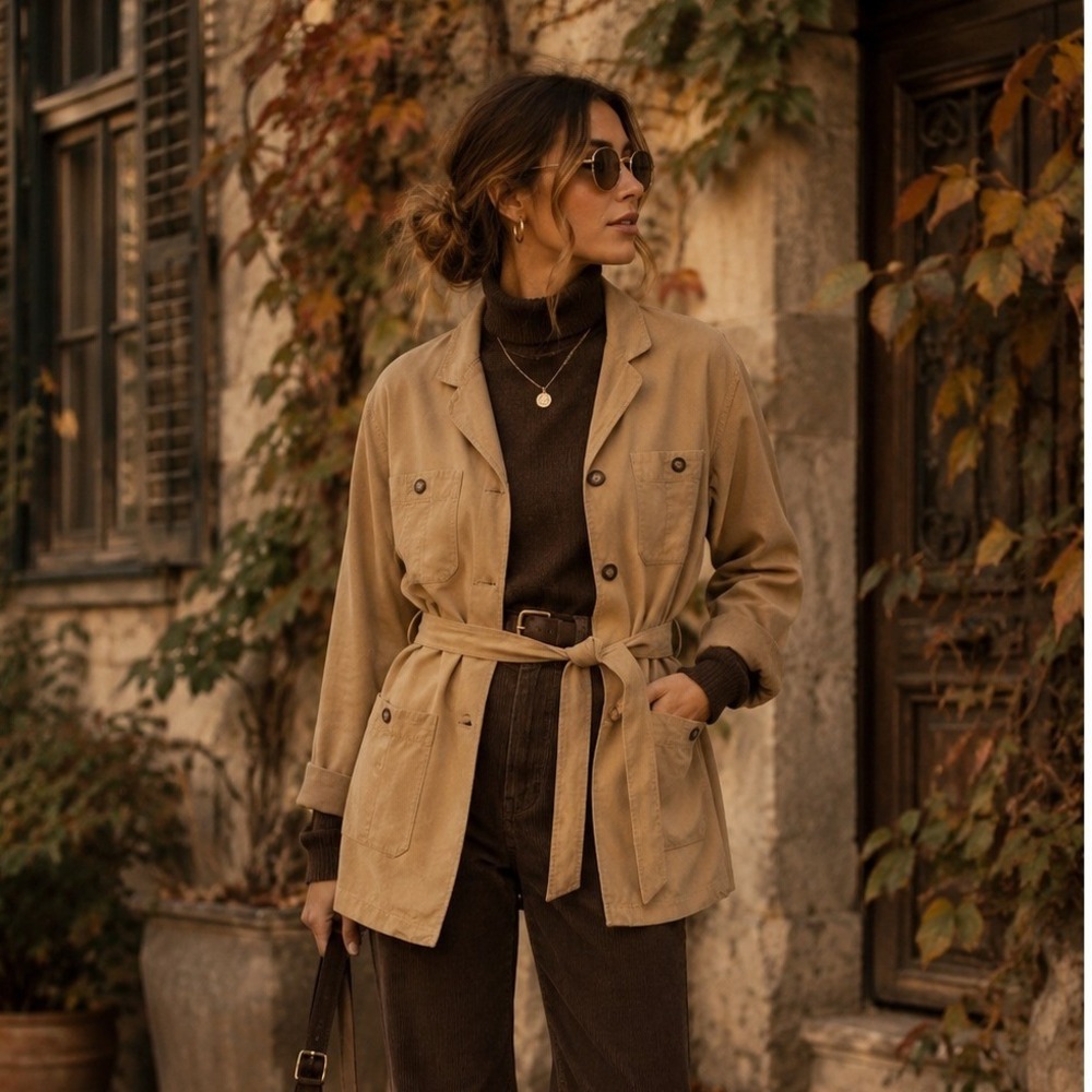 Seta Studio Womens 100% Silk Utility Field Safari Jacket Tan Khaki Belted Size 8